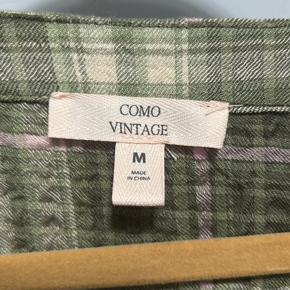Como Vintage green, cream, lilac plaid tie waist button down size medium - Picture 2 of 8
